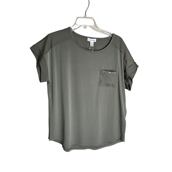 Calvin Klein Pocket Tee Shirt Short Sleeves Cuffed Olive Green Womens Large NWT - Picture 1 of 5